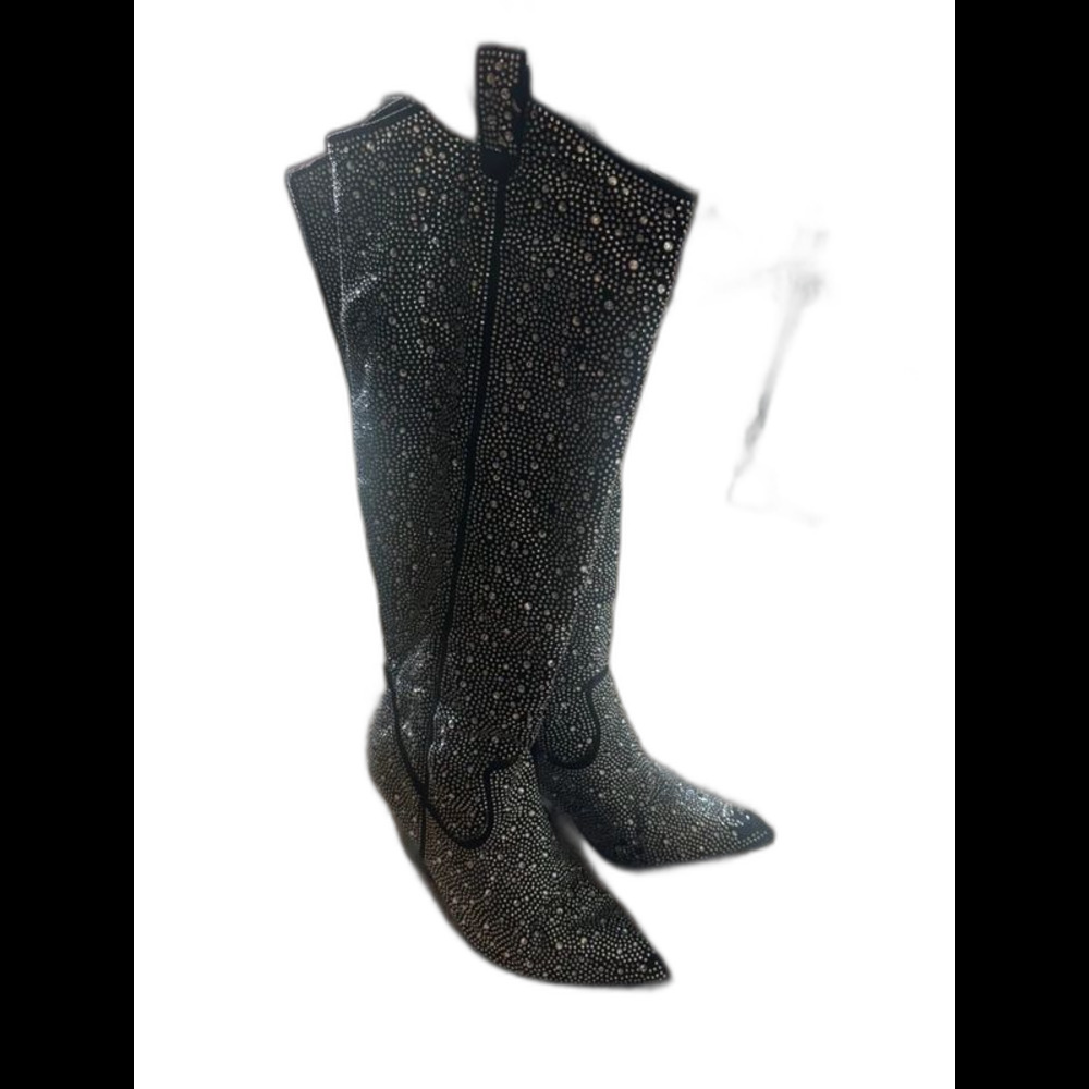 Black Rhinestone Tall Western Cowboy Boots - Size 9